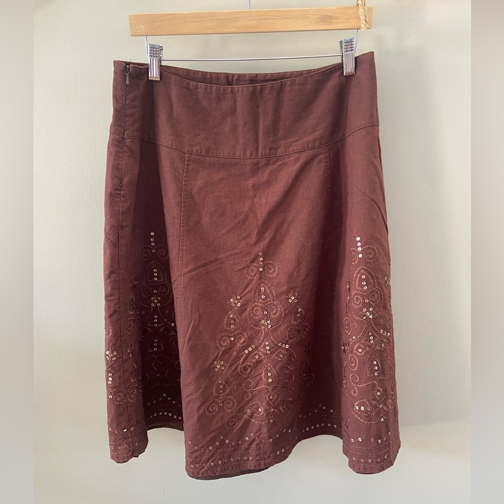 BOUTIQUE Embroidered Sequin A-Line Linen/Cotton Western Summer Casual Midi Skirt - Picture 3 of 5